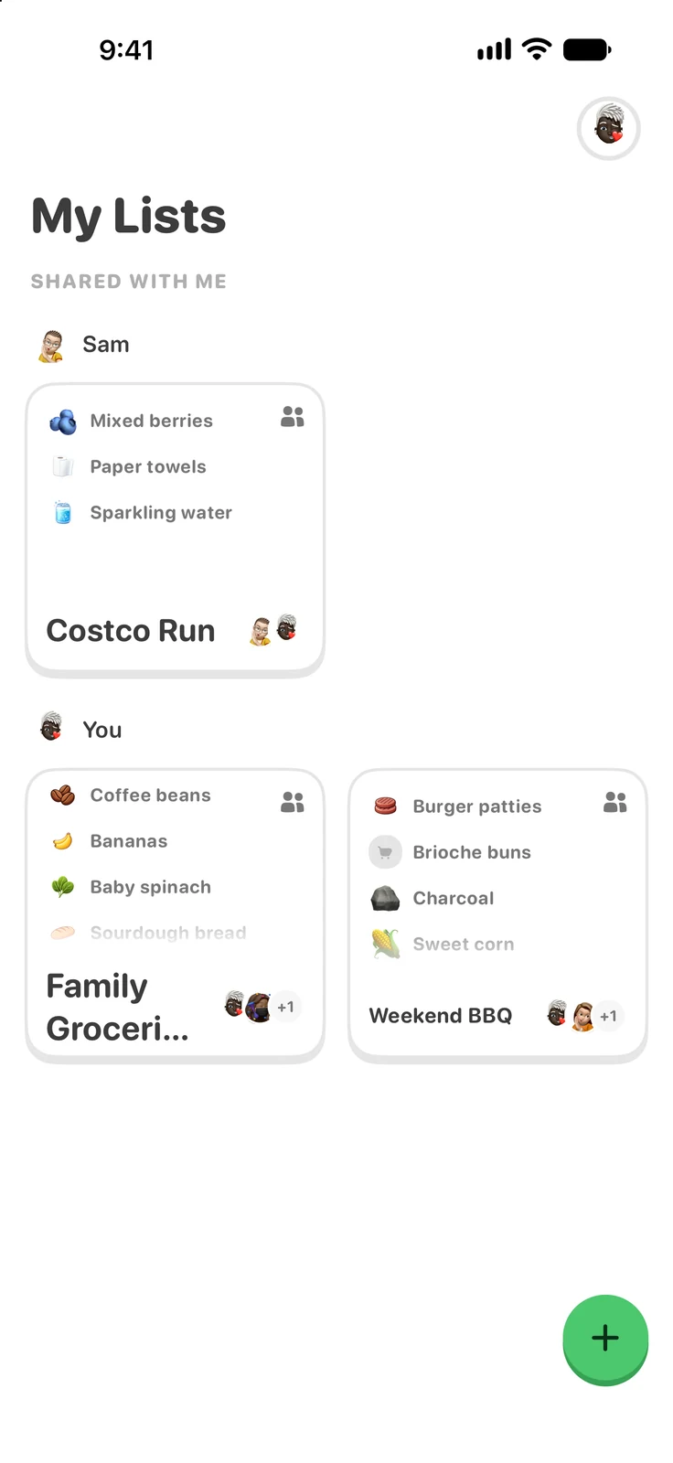The Pepperjack My Lists screen: a Costco Run shared with Sam, plus Family Groceries and Weekend BBQ, each showing the items already on it and who they're shared with
