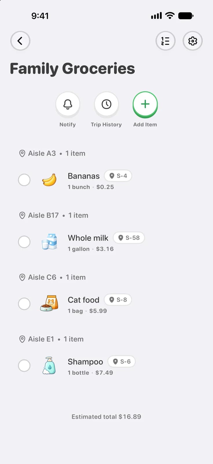A grocery list automatically grouped by aisle, with an aisle chip and a shelf price on every item